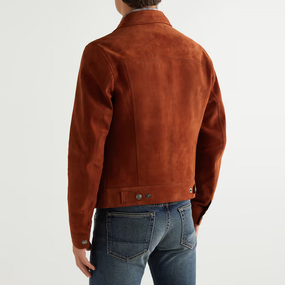 Men Sheepskin Red Trucker Suede Leather Jacket