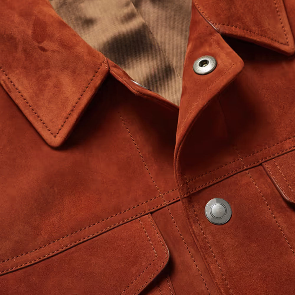 Men Sheepskin Red Trucker Suede Leather Jacket