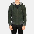 New Green Hooded Suede Lambskin Cowboy Leather Bomber Jacket For Men