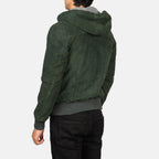 New Green Hooded Suede Lambskin Cowboy Leather Bomber Jacket For Men