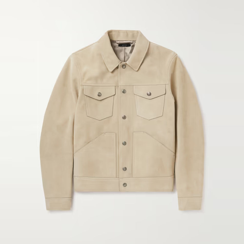 Men's Suede Sand Lambskin Trucker Leather Jacket