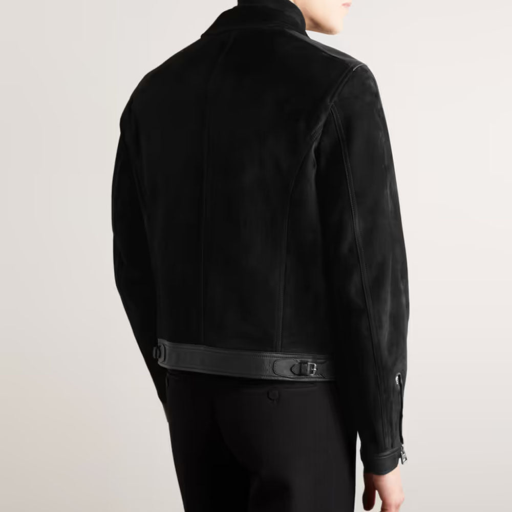 Men Black Suede Bomber Trimmed Sheepskin Leather Jacket