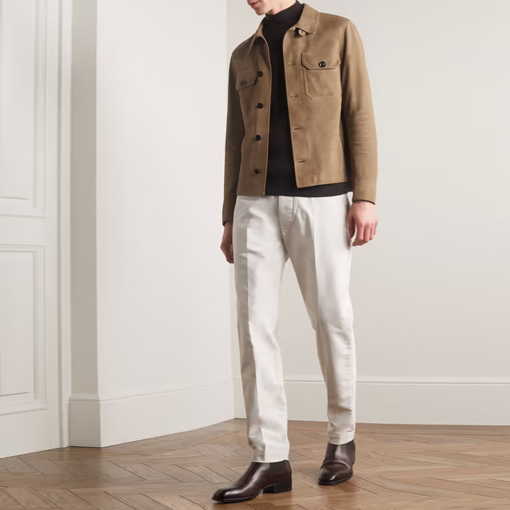 Men's Leather Brown Suede Sheepskin Trucker Jacket