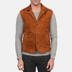 Men's Suede Leather Vest – Brown Goatskin, Button Closure, Vintage Style