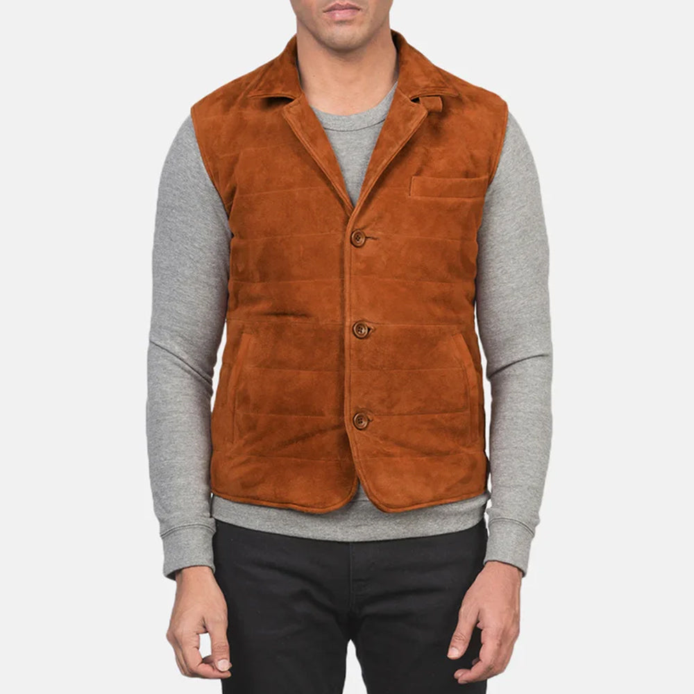 Men's Suede Leather Vest – Brown Goatskin, Button Closure, Vintage Style