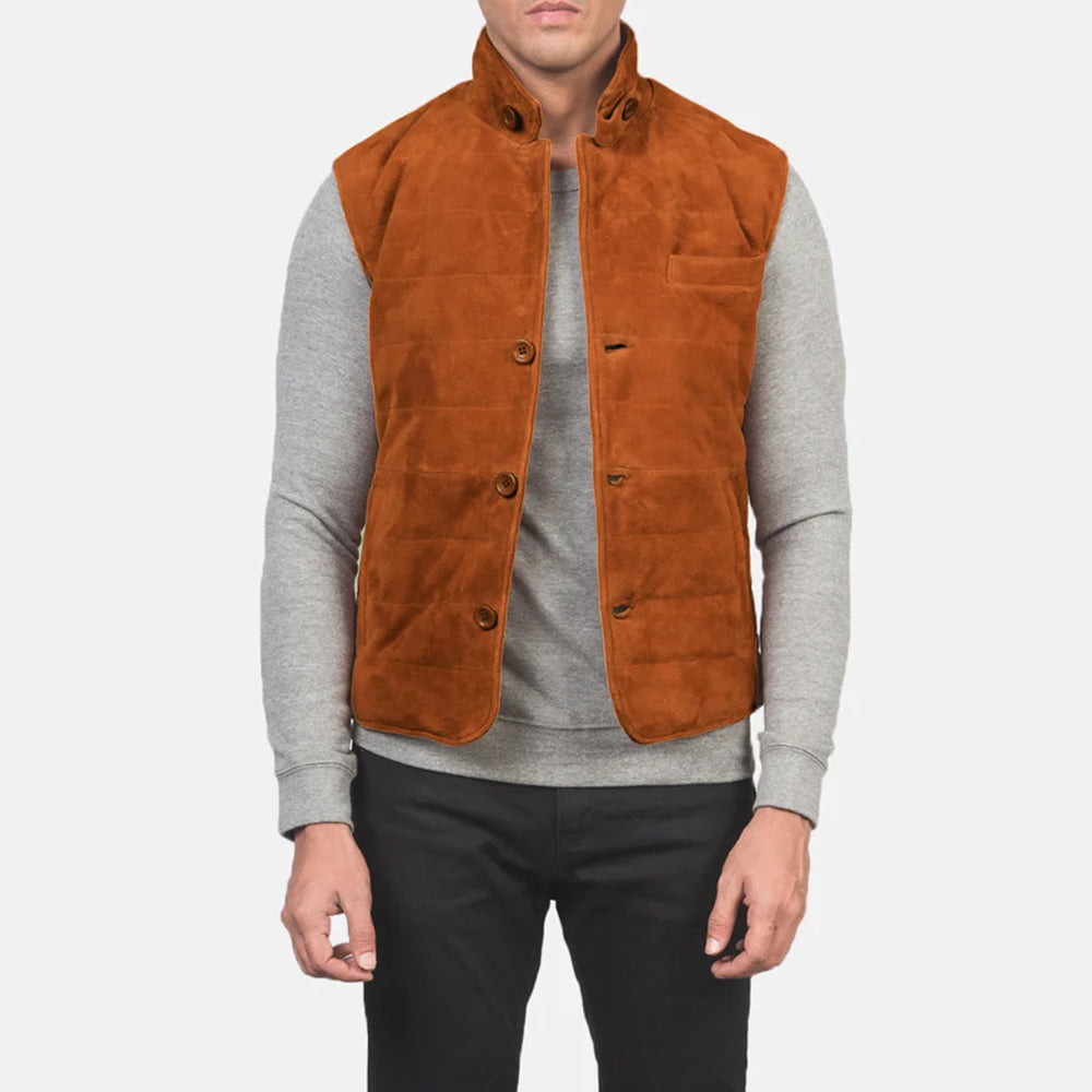 Men's Suede Leather Vest – Brown Goatskin, Button Closure, Vintage Style