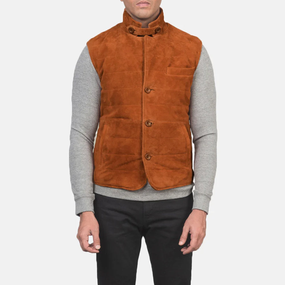 Men's Suede Leather Vest – Brown Goatskin, Button Closure, Vintage Style