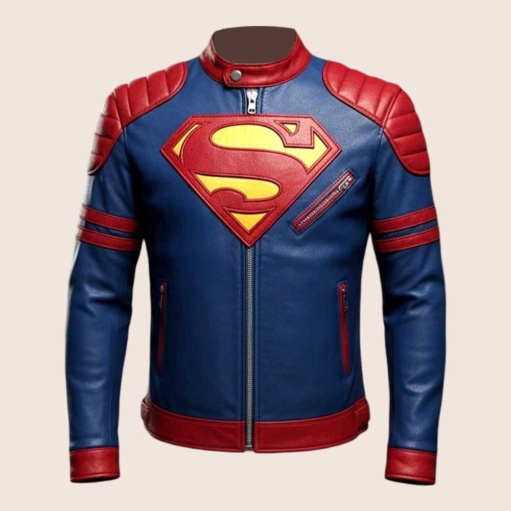 Superman S Shield Blue and Red Leather Motorcycle Jacket