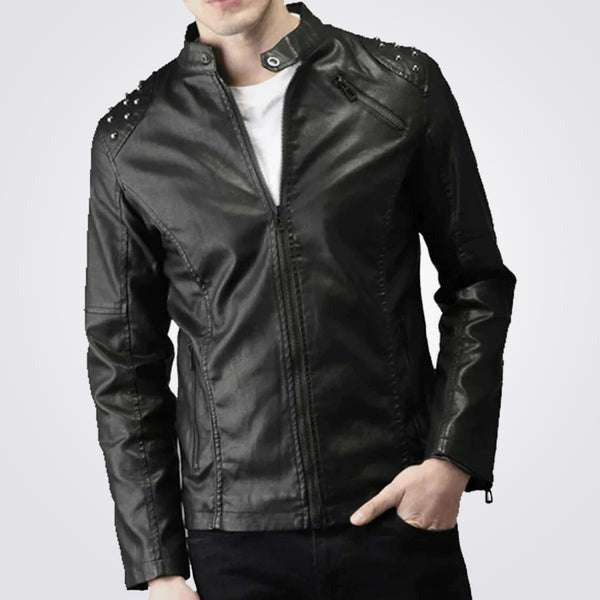Men’s Tab Collar Studded Biker Leather Jacket – Avanzar Leather