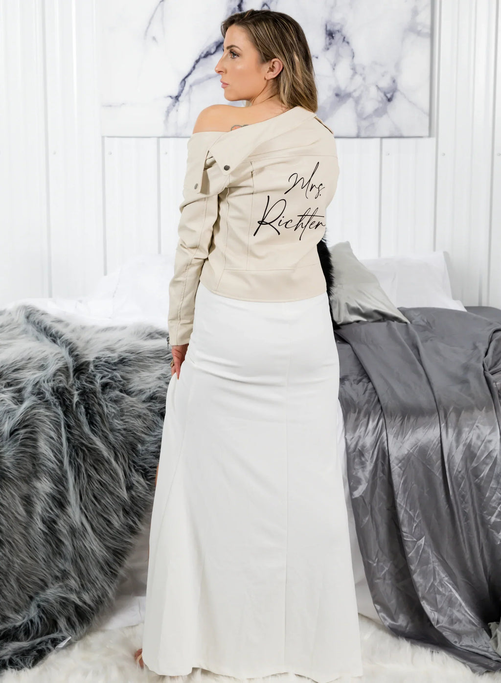 Plus Size Beige Wedding Leather Jacket for Women