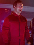 Glen Powell The Running Man 2025 Red Jacket
