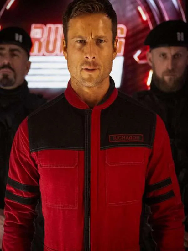 Glen Powell The Running Man 2025 Red Jacket