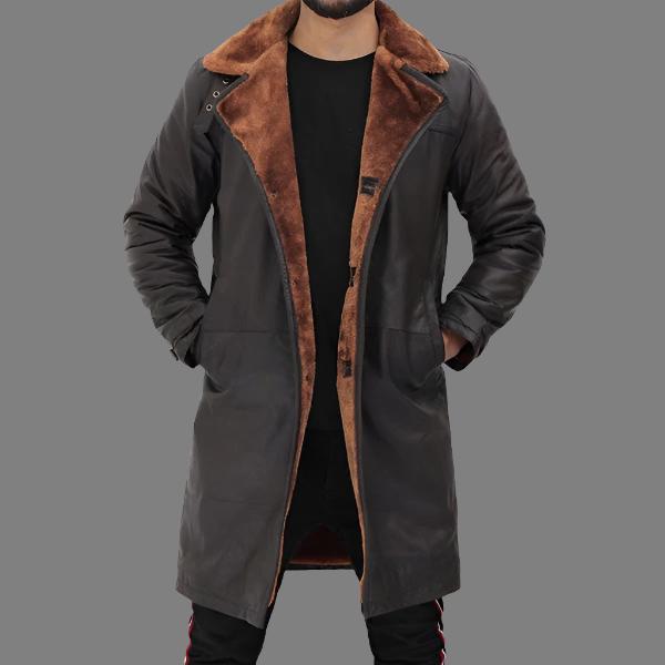 Turlock Dark Brown Shearling Leather Trench Coat Men's