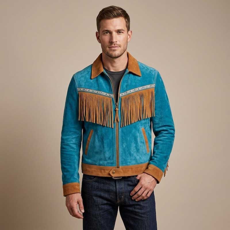Turquoise Suede Fringe Western Jacket