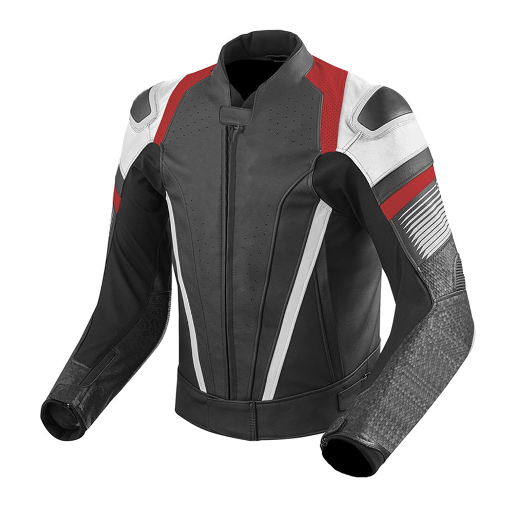 MEN MOTORCYCLE STRIPE LEATHER RACING WHITE JACKET