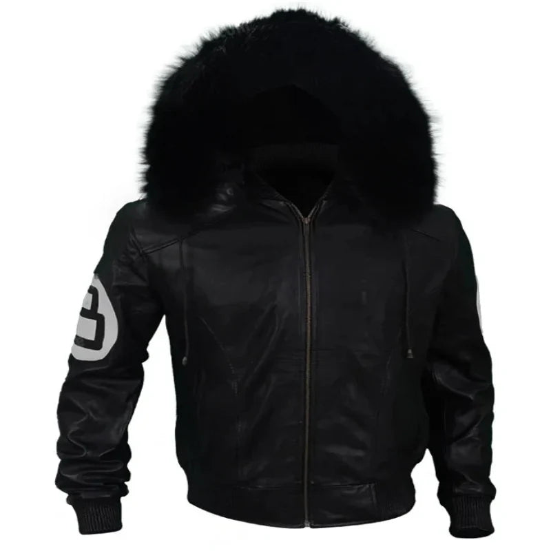 Unisex Black Varsity Style Leather Bomber 8 Ball Jacket