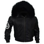 Unisex Black Varsity Style Leather Bomber 8 Ball Jacket