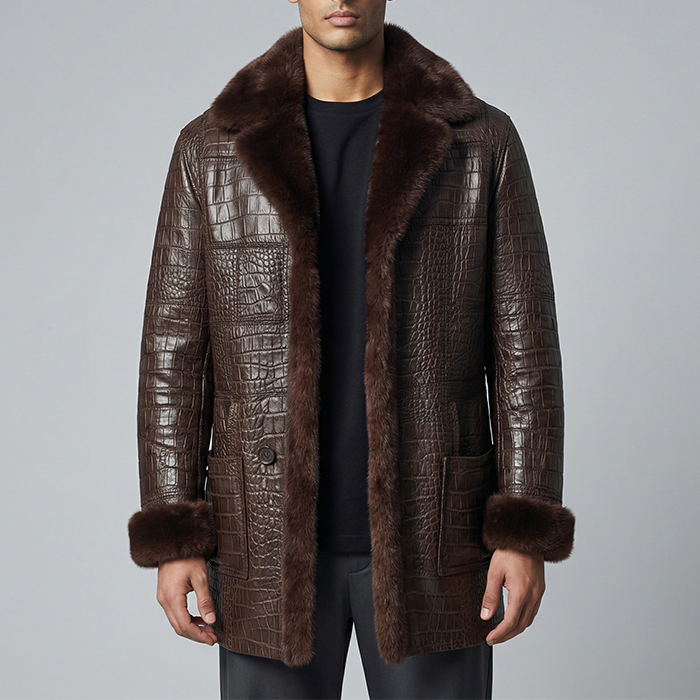 Men’s Brown Crocodile Embossed Leather Fur Coat