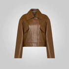 Women Pointed Collar Brown Goatskin Plain Leather Jacket