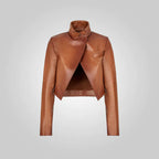 Women Sheepskin Cropped Brown Leather Jacket