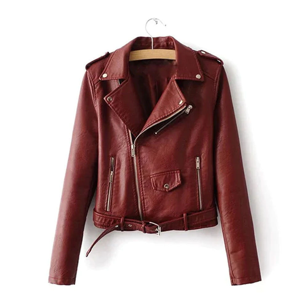 Women's Burgundy Red Sheepskin Leather Biker Jacket