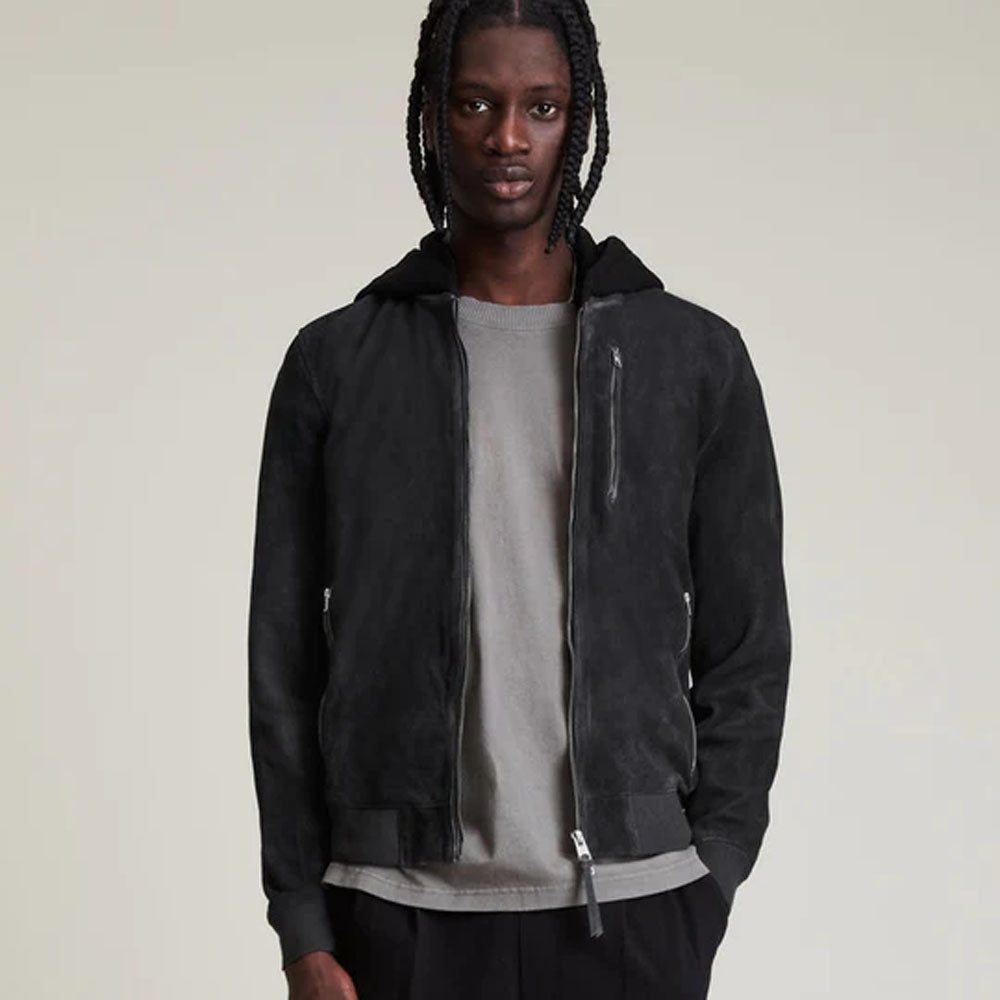 Men's Black Hooded Suede Leather Bomber Jacket