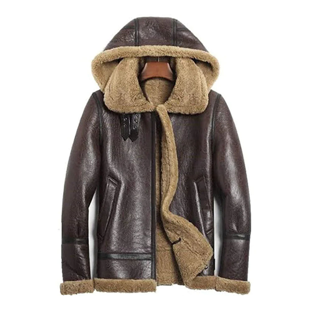 Men Aviator RAF Flying Sheepskin Brown Hooded Shearling Leather Jacket