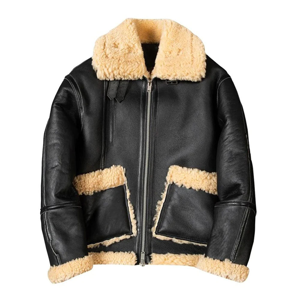 New Men Aviator B3 Bomber Genuine Sheepskin Shearling Leather Jacket Warm Fur Coat