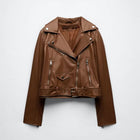 Women Biker Motorcycle Sheepskin Brown Leather Jacket