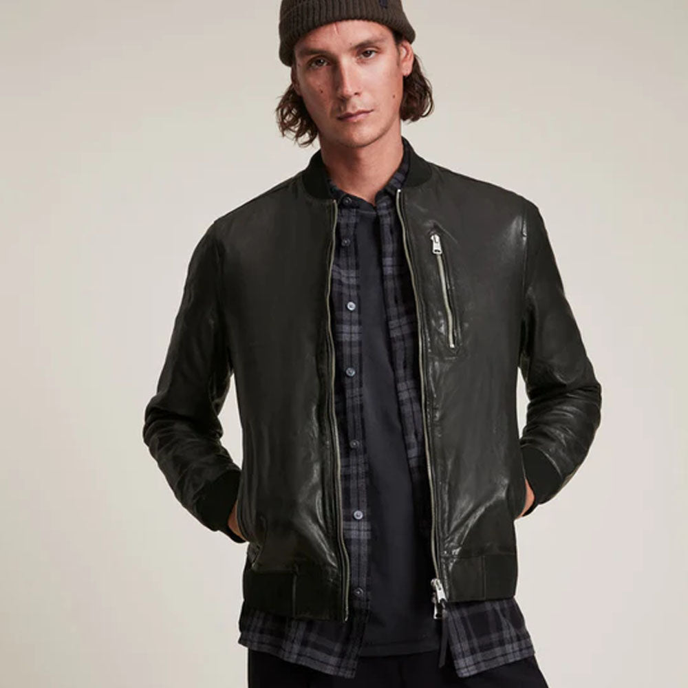 Men Bomber Sheepskin Black Leather Jacket