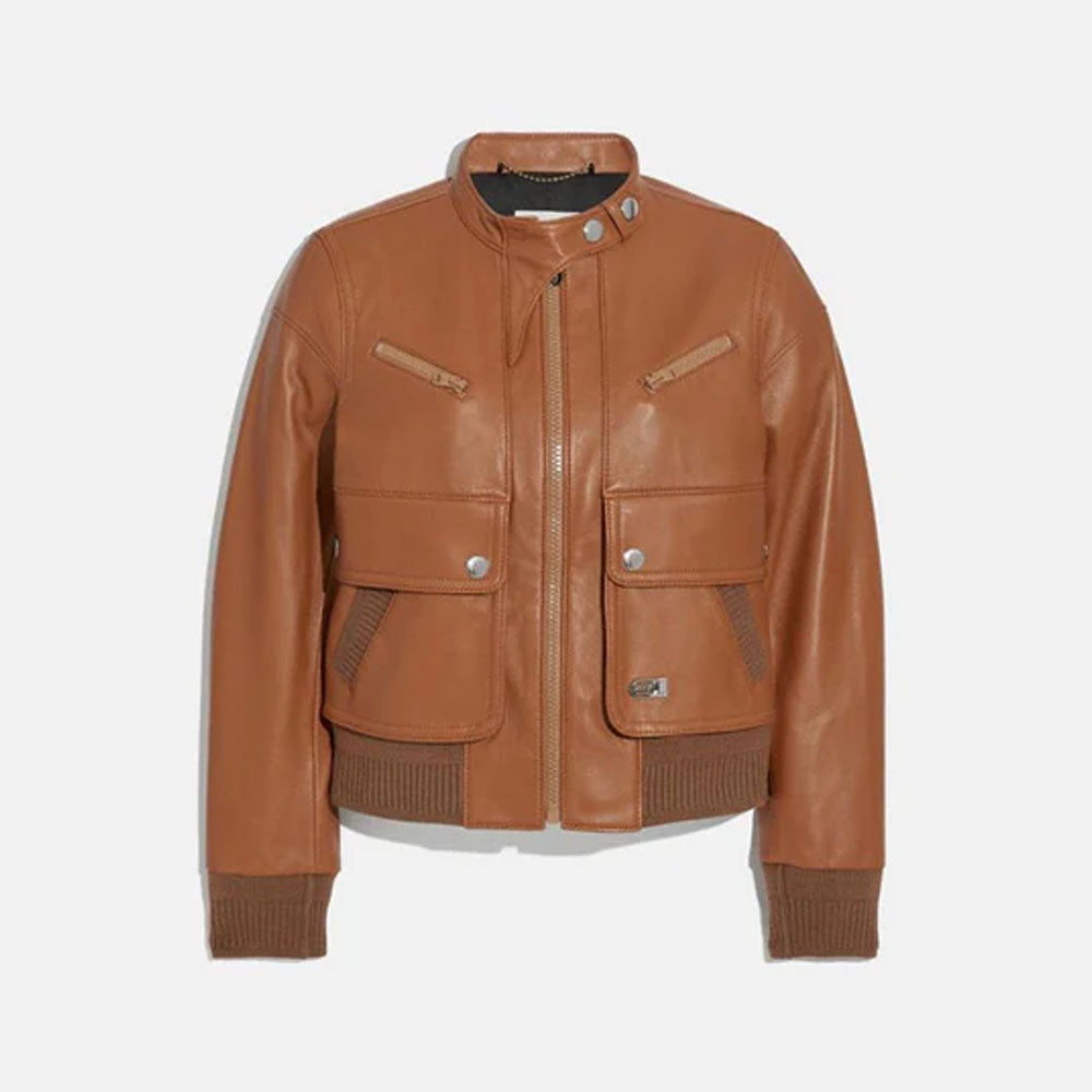 Brown Biker Goatskin Women Bomber Leather Jacket
