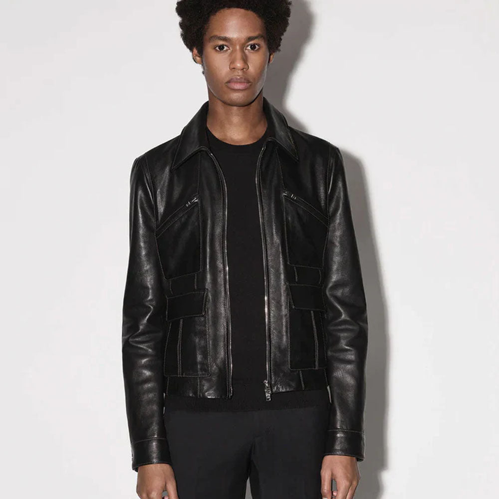 Men Sheepskin Black Trucker Genuine Leather Jacket