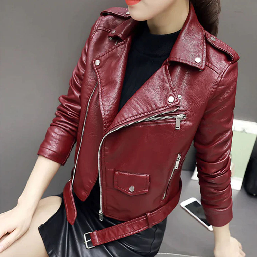 Women's Burgundy Red Sheepskin Leather Biker Jacket