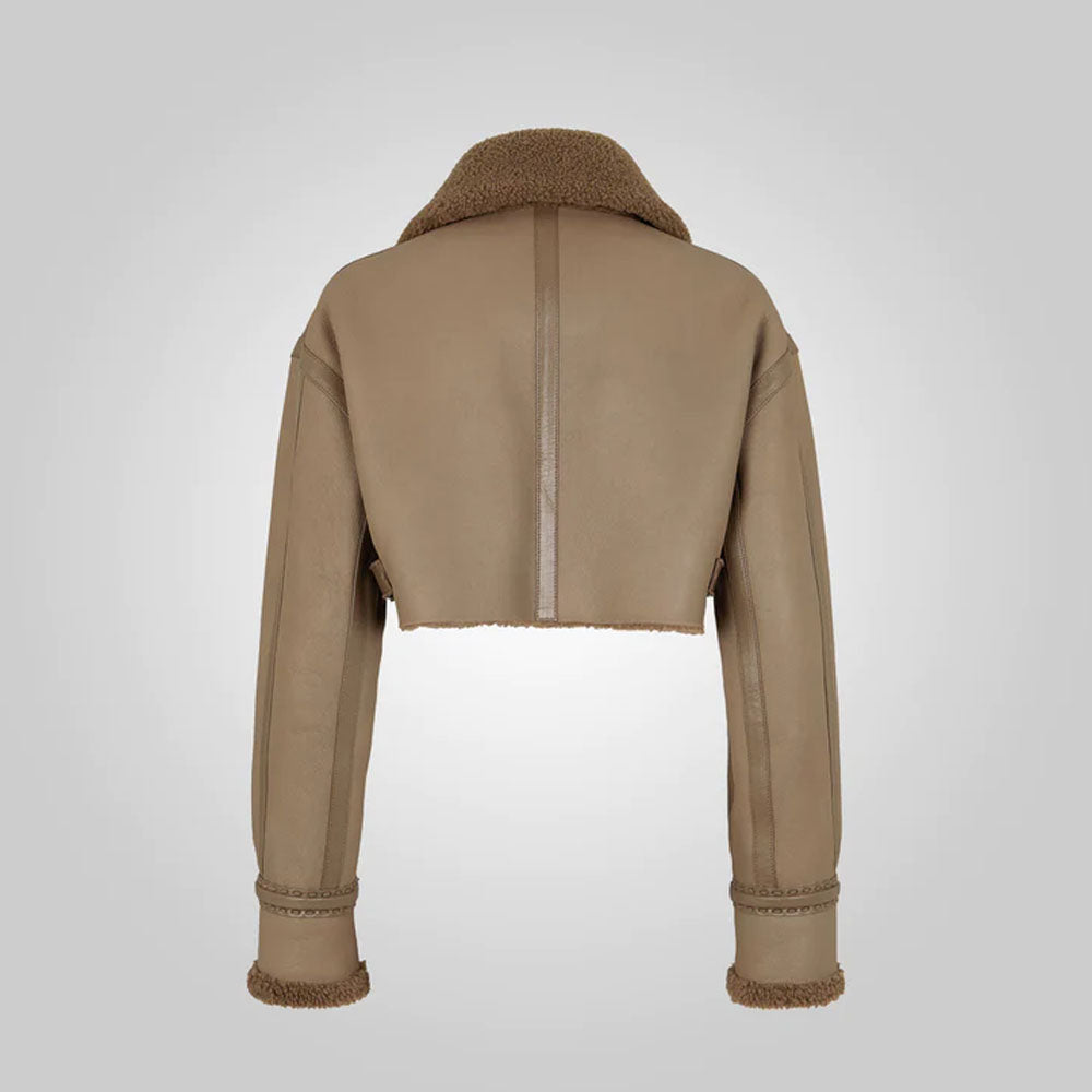 Women Sheepskin Cropped Fur Brown Leather Jacket
