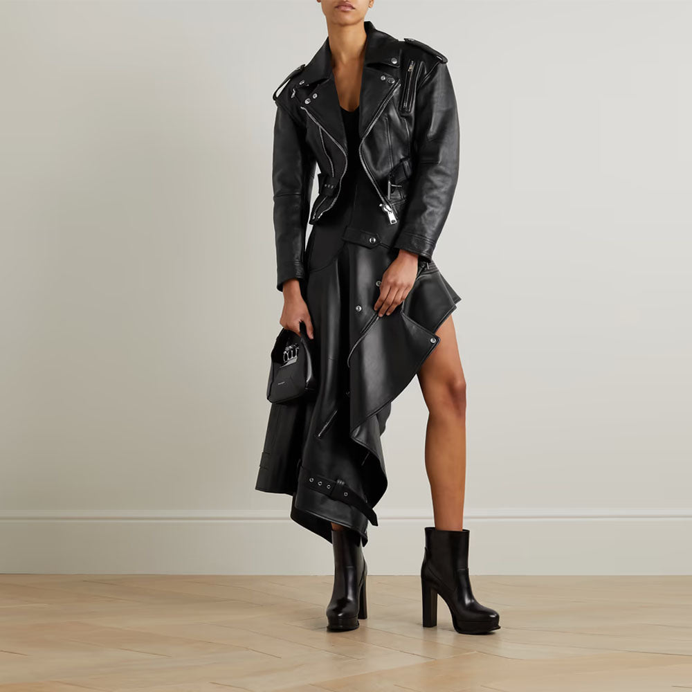 Women Black Belted Lambskin Motorbike Leather Biker Jacket