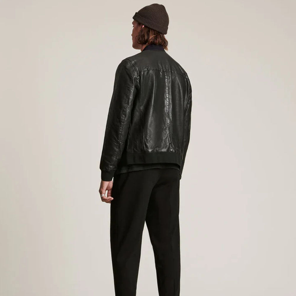 Men Bomber Sheepskin Black Leather Jacket