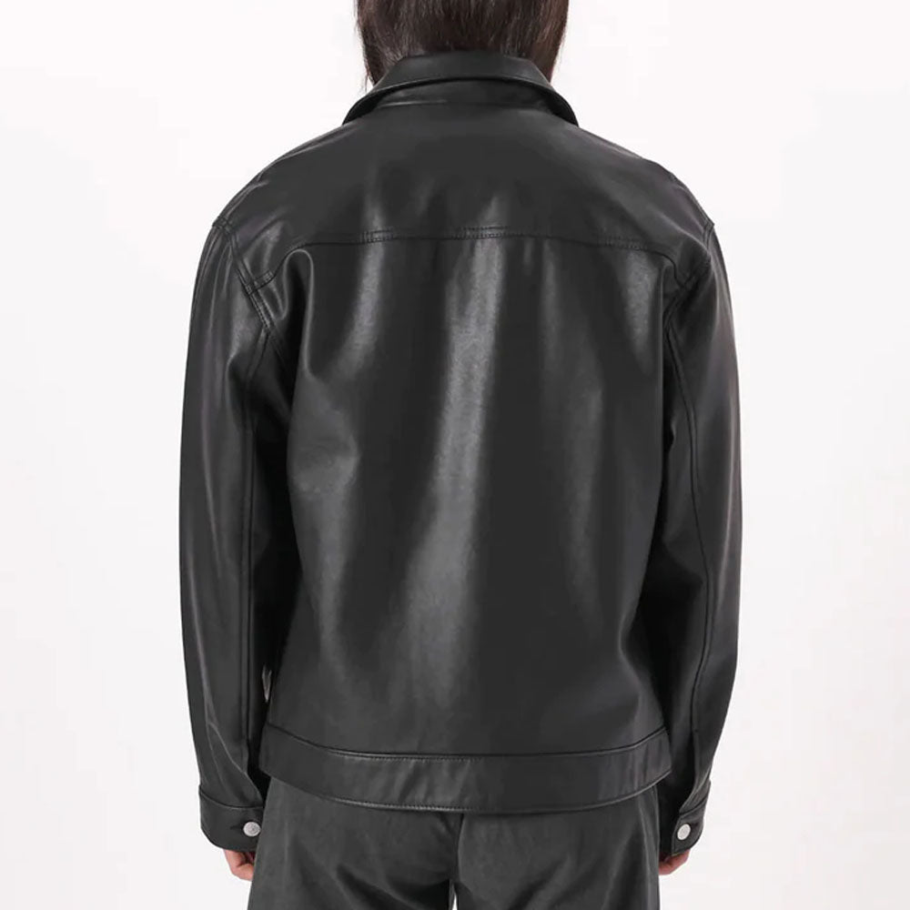 Black Men Trucker Plain Leather Jacket