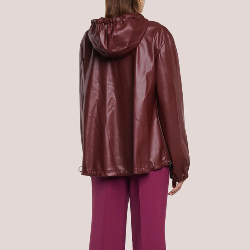 Red Hooded Women Bomber Lambskin Leather Jacket