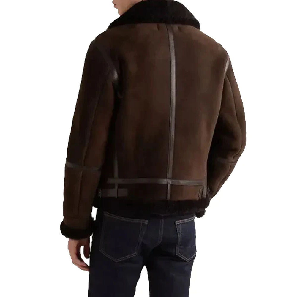 Men's Sheepskin Bomber Dark Brown Flight Shearling Leather Jacket