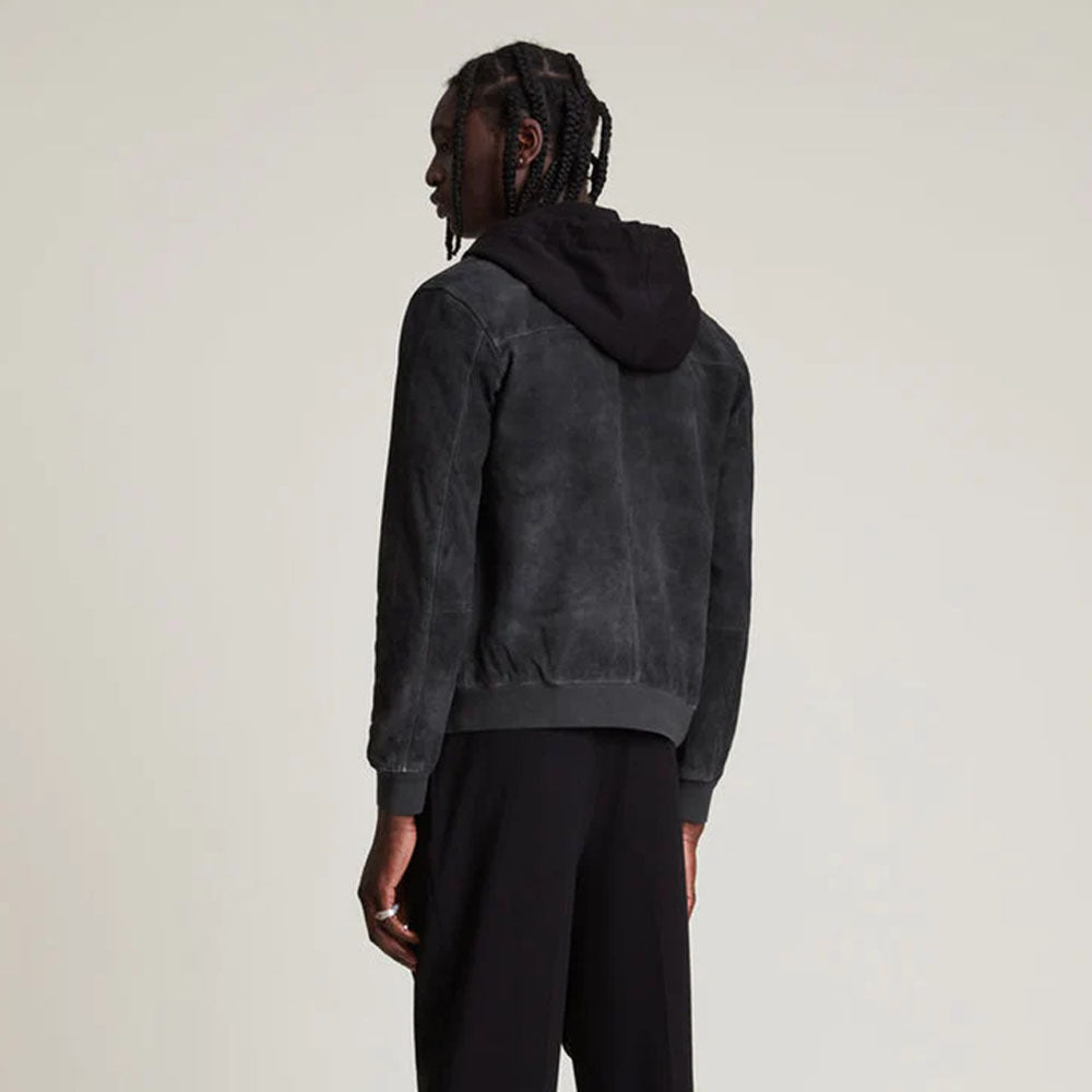 Men's Black Hooded Suede Leather Bomber Jacket