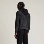Men's Black Hooded Suede Leather Bomber Jacket