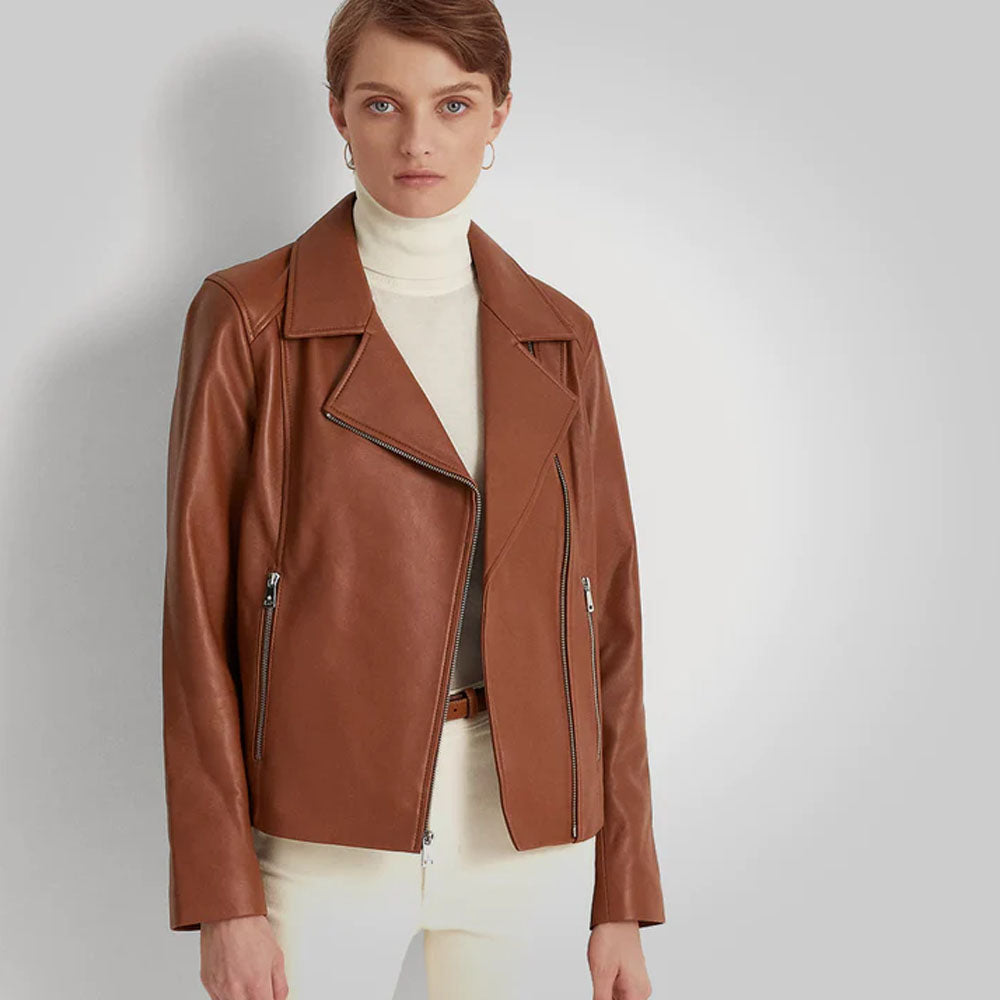 Brown Moto Sheepskin Motorcycle Women Leather Jacket