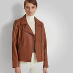 Brown Moto Sheepskin Motorcycle Women Leather Jacket