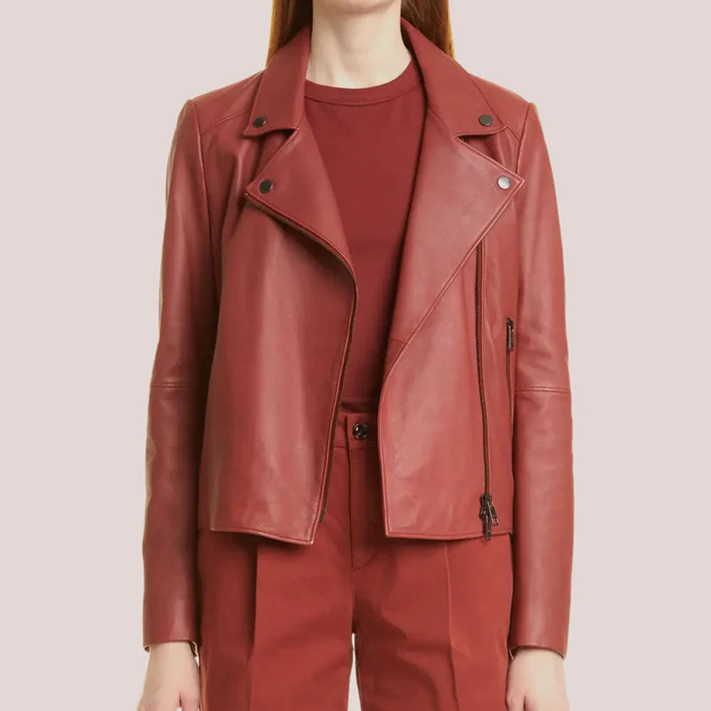 Plain Red Women Biker Leather Sheepskin Jacket