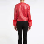 Red Sheepskin Women Biker Faux Fur Leather Jacket