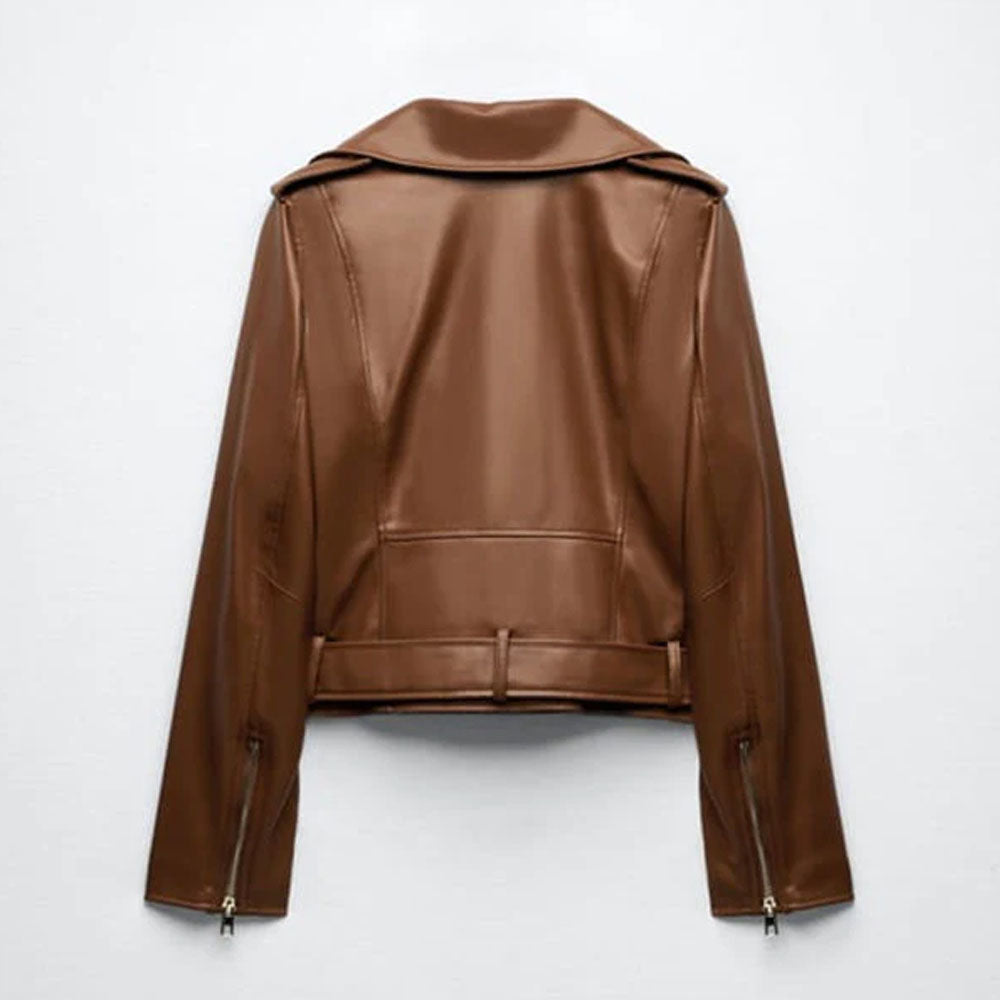 Women Biker Motorcycle Sheepskin Brown Leather Jacket