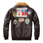Men Airforce Pilot RAF Fur Collar Sheepskin Brown Shearling Leather Jacket