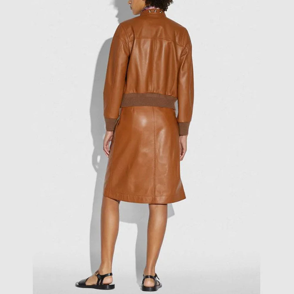 Brown Biker Goatskin Women Bomber Leather Jacket