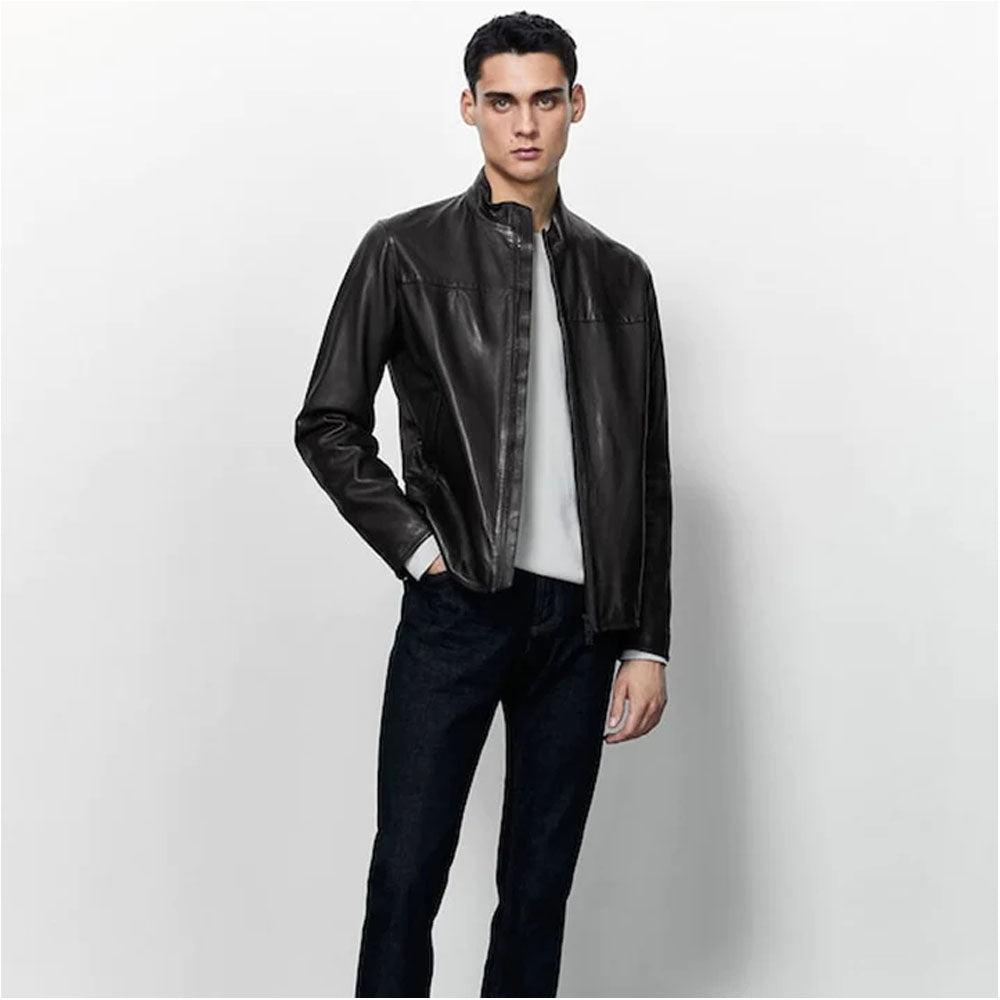 Men Sheepskin Biker Black Leather Jacket