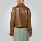 Women Pointed Collar Brown Goatskin Plain Leather Jacket